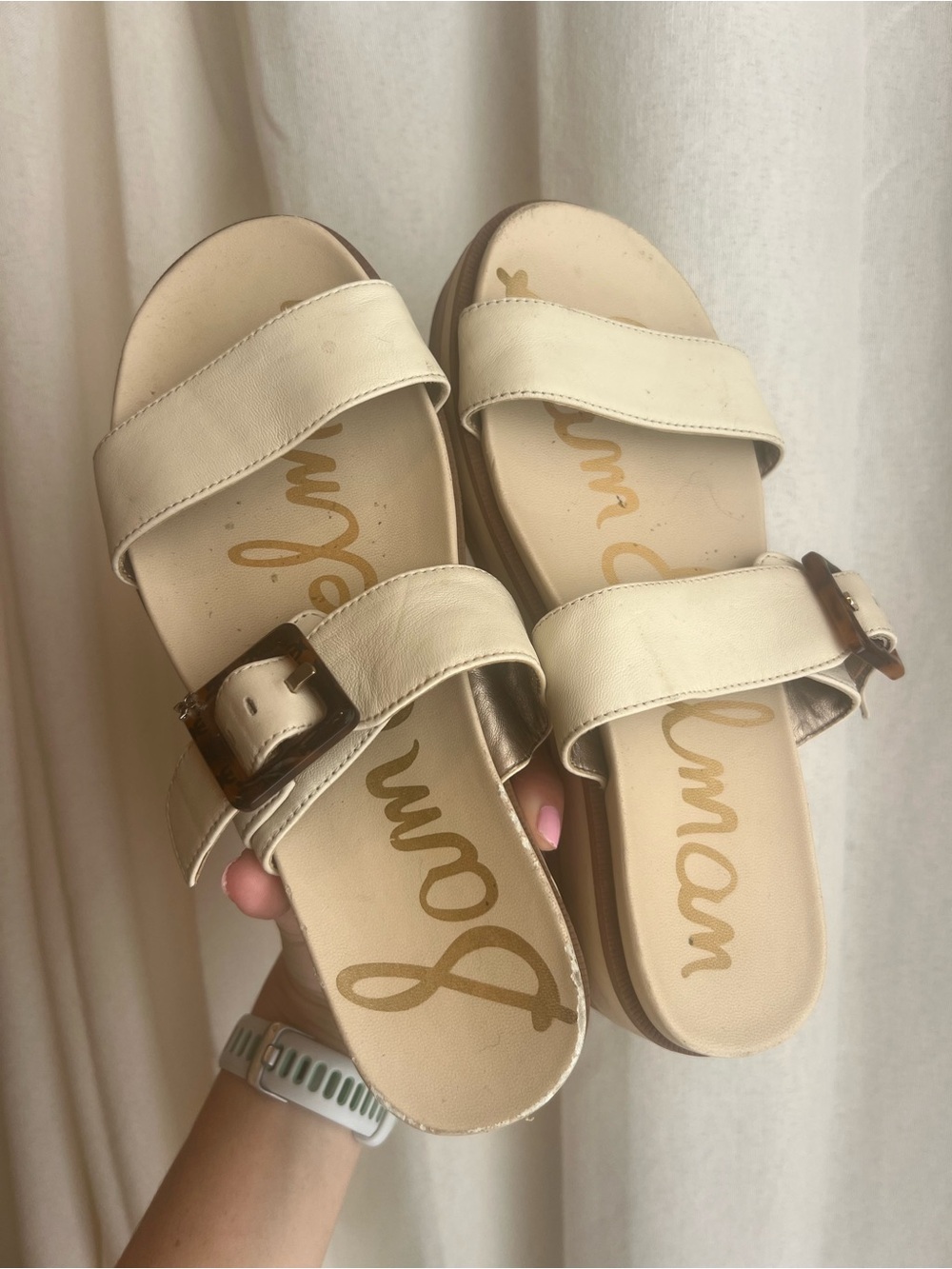 Sam Edelman Cream Double-Strap Slide Sandals with Tortoiseshell Buckle